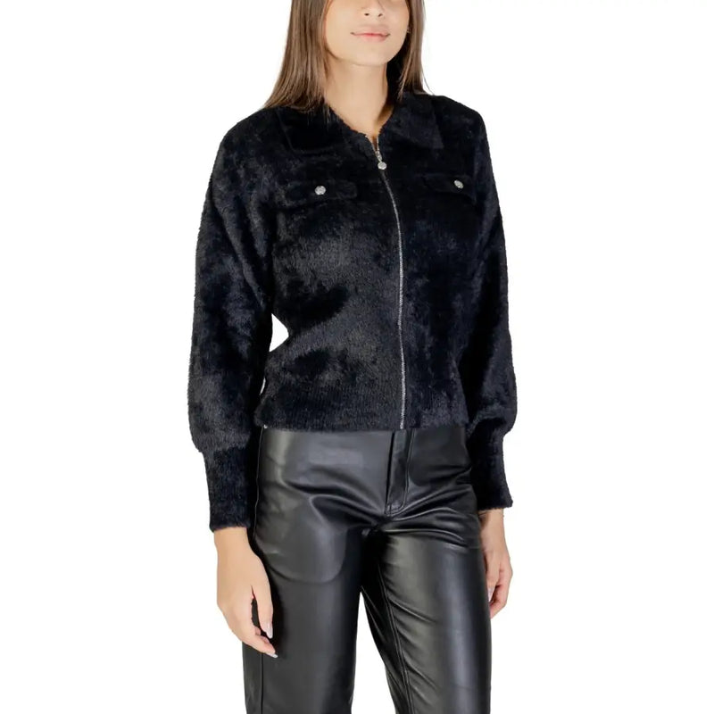 Morgan De Toi women long black zip knitwear featuring a black fluffy zip-up jacket with chest pockets