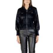 Women’s black faux fur bomber jacket with zipper closure and chest pockets from Morgan De Toi