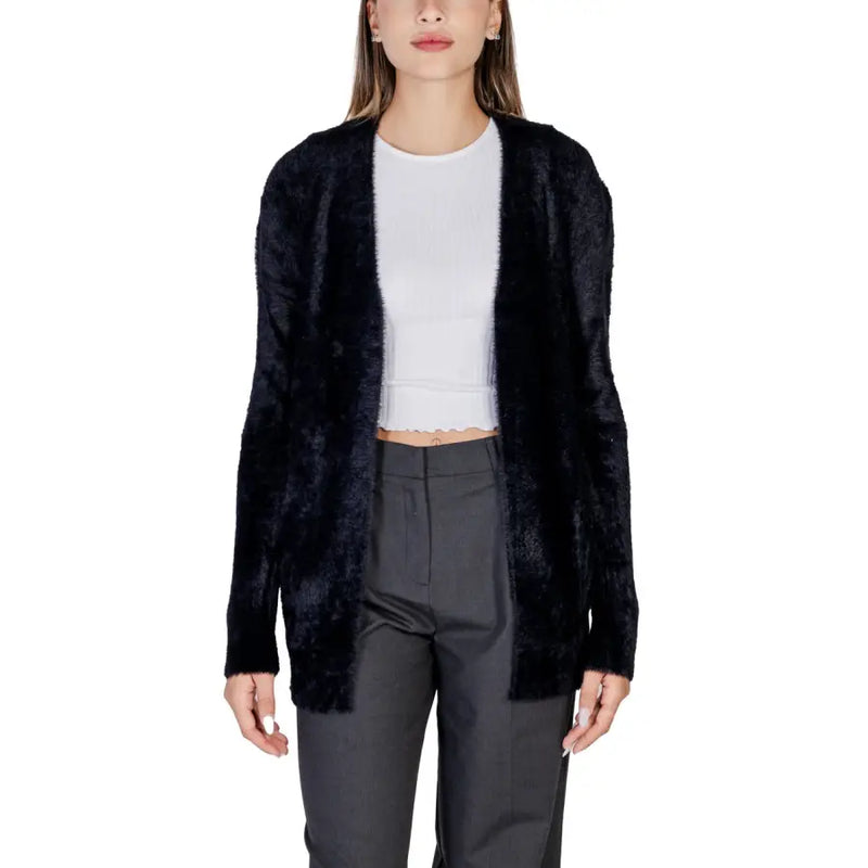 Black fuzzy open-front cardigan from Morgan De Toi Women Long White Fall Winter Knit Sweater