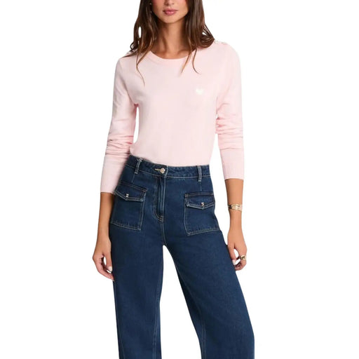 Morgan De Toi Pull rose à manches longues pour femme, en maille de viscose mélangée, orné d'une discrète broderie en forme de cœur sur la poitrine.