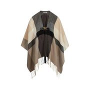 Morgan de toi women sleeveless beige polyester blazer with plaid woolen poncho featuring gold clasp and fringed edges