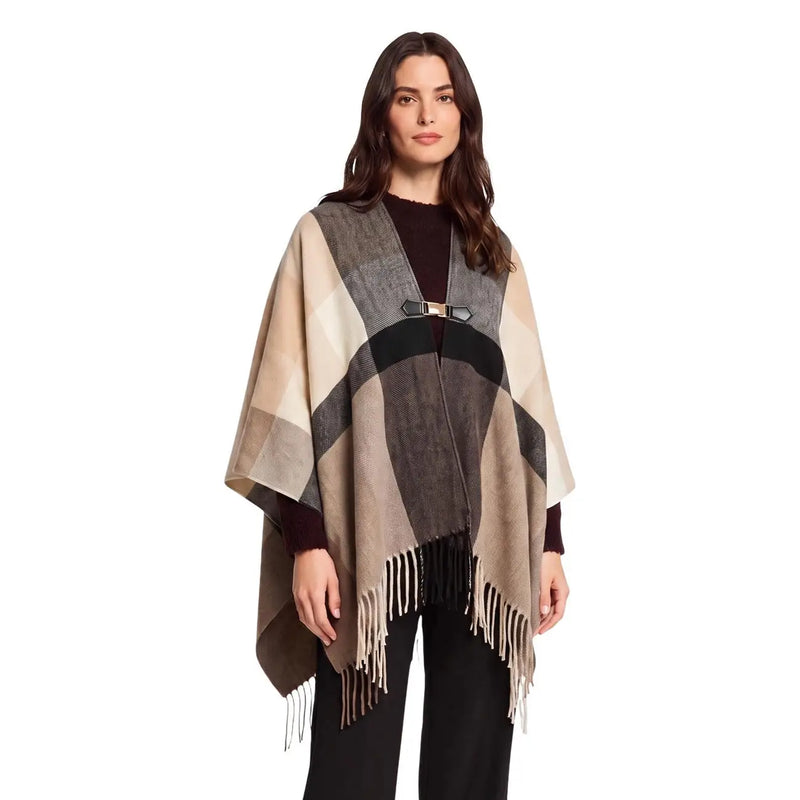 Beige and gray geometric-patterned woolen poncho with black belt buckle and fringe for women by morgan de toi