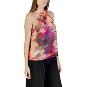 A morgan de toi women sleeveless round neck purple top with a sheer halter neck and vibrant abstract floral print