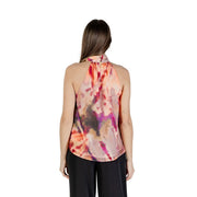 Morgan de toi women sleeveless round neck top in vibrant peach pink and purple tie dye with flowing halter neck design