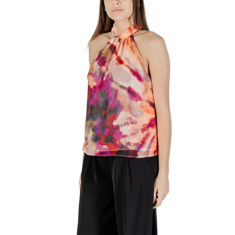 A Morgan De Toi women sleeveless purple halter-neck top in vibrant orange pink and purple silk-like fabric