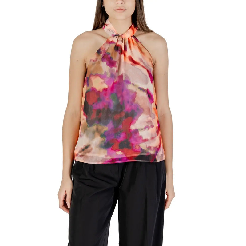 Morgan De Toi women sleeveless round neck purple top with vibrant abstract floral print on sheer halter-neck fabric