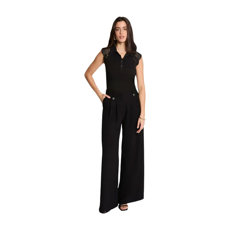 Morgan De Toi women sleeveless black jumpsuit with lace shoulder detailing and subtle logo at the waist