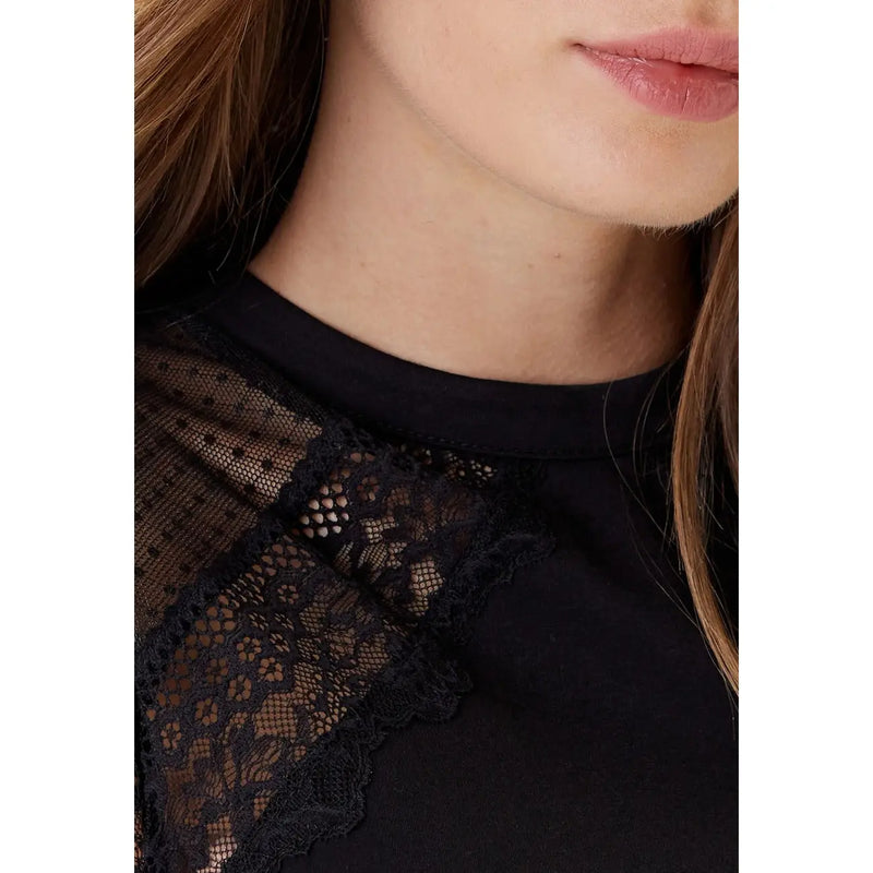 Morgan De Toi women sleeveless round neck top black with sheer black lace overlay and delicate floral patterns