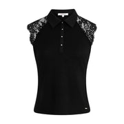 Morgan de toi women sleeveless round neck black polo shirt with intricate lace detailing on the shoulders