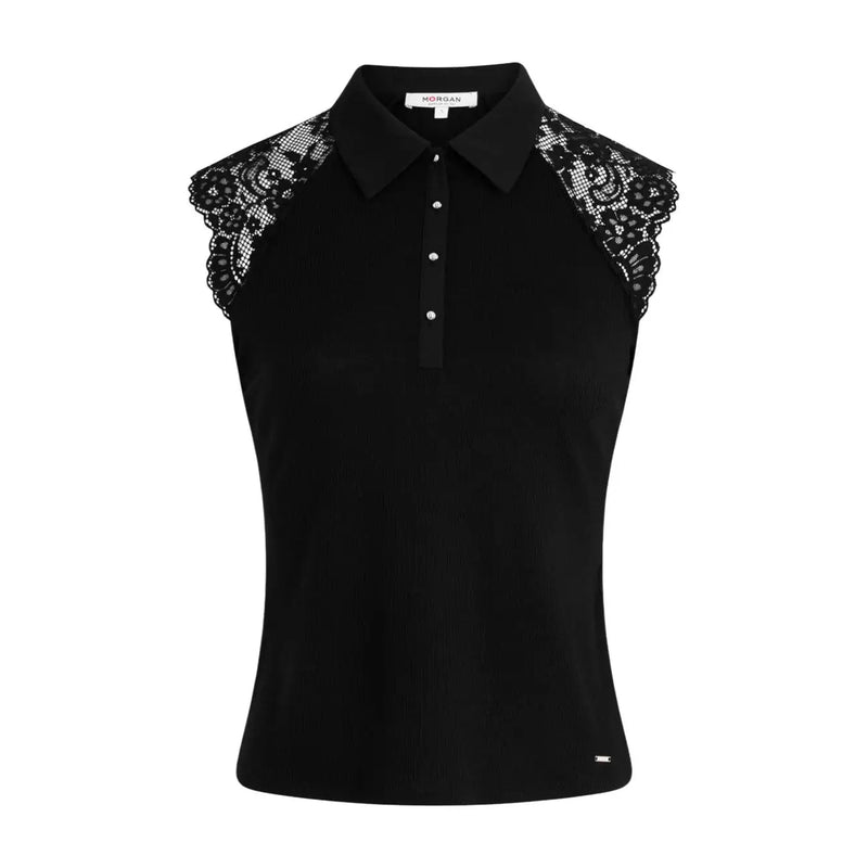 Morgan de toi women sleeveless round neck black polo shirt with intricate lace detailing on the shoulders