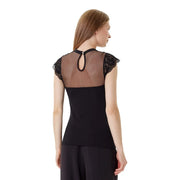 Morgan de toi women sleeveless round neck black top with sheer mesh back and lace detailing on the shoulders