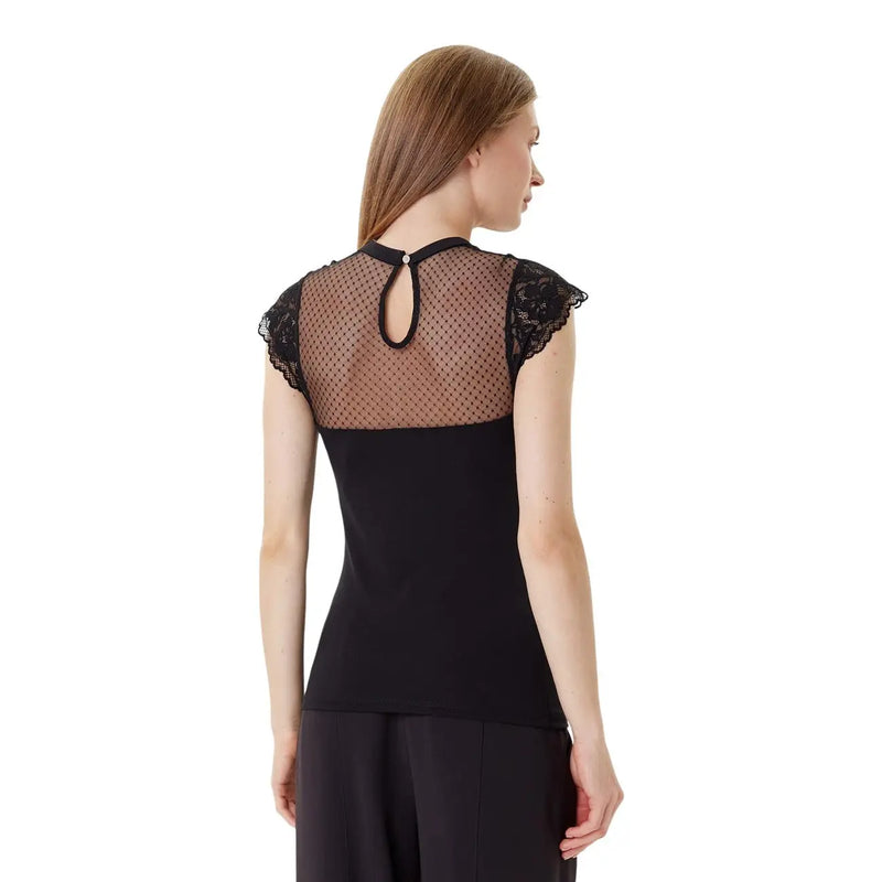 Morgan de toi women sleeveless round neck black top with sheer mesh back and lace detailing on the shoulders