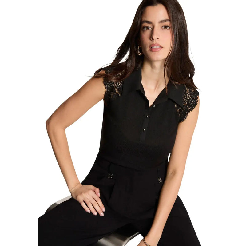 Morgan de toi women sleeveless round neck black blouse with delicate lace shoulders and button-down front detail