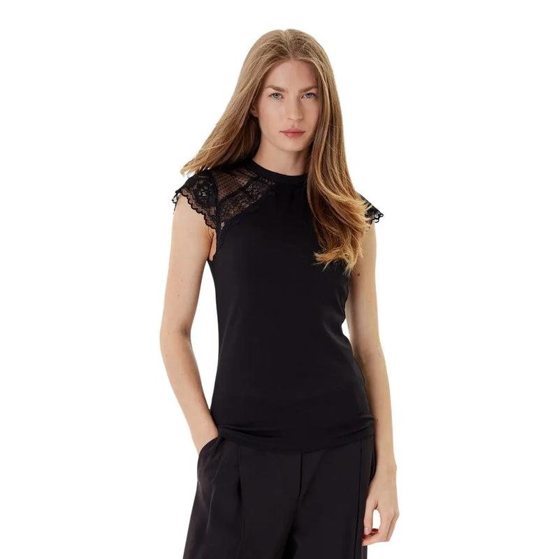 Morgan De Toi women sleeveless round neck black top with delicate lace detailing on the shoulders