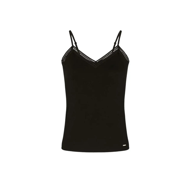 Morgan De Toi women tank top black lace trim v neck spaghetti strap made of viscose elastane fabric
