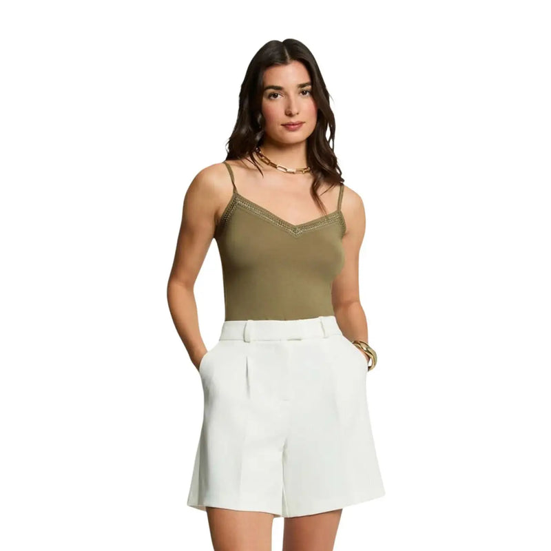 Olive green spaghetti strap women tank top with gold trim neckline made of viscose elastane by morgan de toi