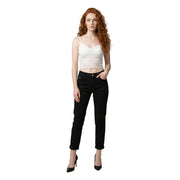 Black high-waisted jeans with rolled cuffs and straight-leg cut paired with a morgan de toi white v neck polyamide top
