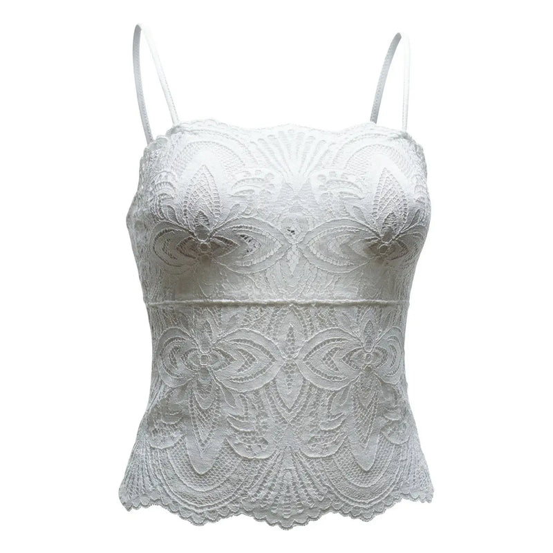 Morgan De Toi women top white lace spaghetti straps v neck polyamide with floral patterns and scalloped hem