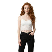 White lace crop top with delicate floral embroidery and thin spaghetti straps by Morgan De Toi in polyamide