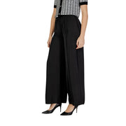 Morgan De Toi women trousers black polyester with elastic waistband and smooth flowing wide-leg fabric