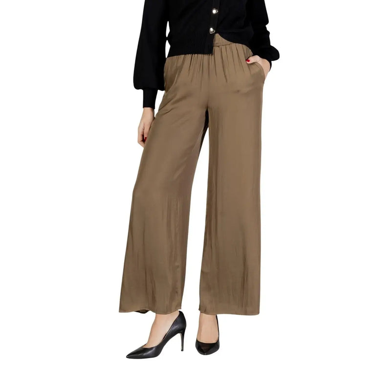 Morgan De Toi women trousers in tan polyester with relaxed wide-leg fit and subtle pleats at the high waistband