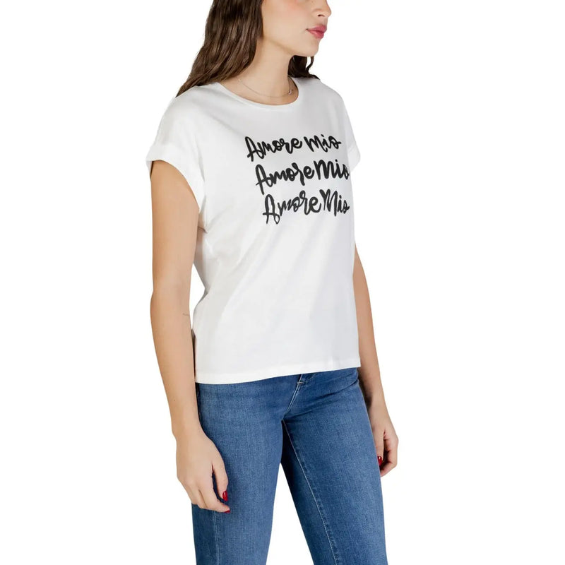 Morgan de toi women white cotton modal round neck t shirt with black cursive amore mio print across the chest