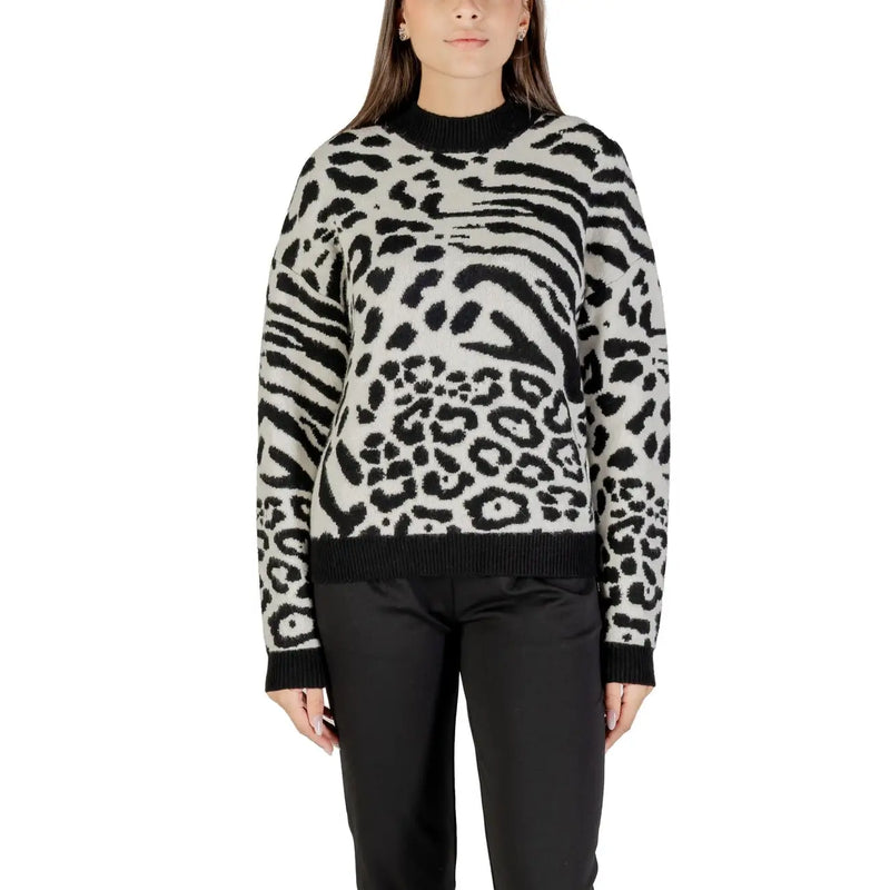 Morgan De Toi Weißer Damen-Strickpullover mit Leopardenmuster in Schwarz-Weiß, hohem Kragen und gerippten Bündchen