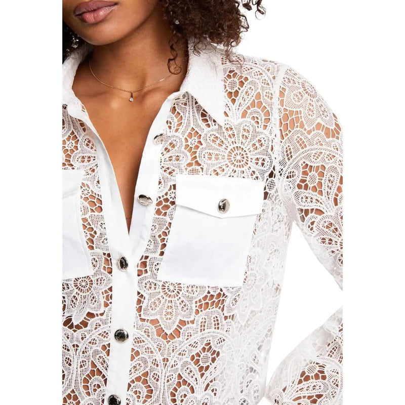 Morgan De Toi women white long sleeve polyester classic shirt with intricate floral lace patterns and silver buttons
