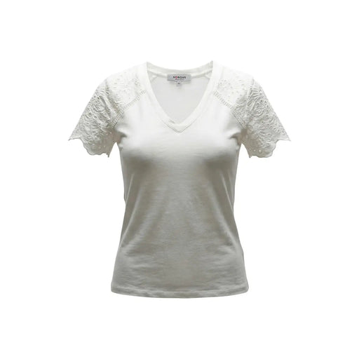 Morgan De Toi women white v neck cotton t shirt with delicate lace short sleeves and subtle brand tag at neckline