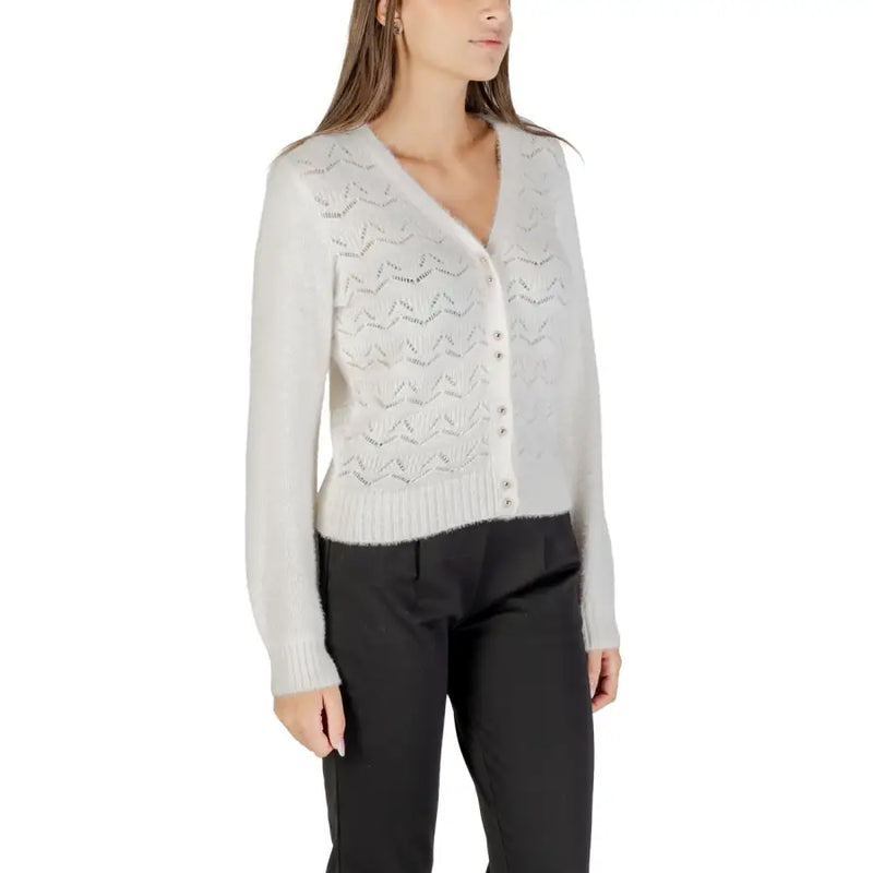 White fuzzy geometric pattern button-up cardigan from Morgan De Toi Womens collection