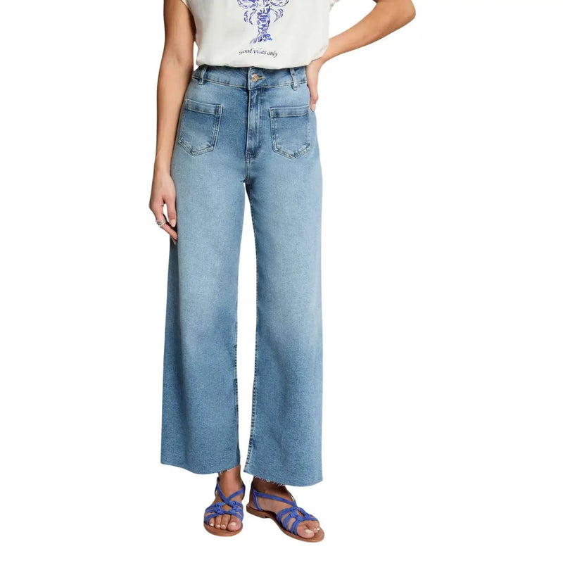 Hellblaue Baumwolljeans von Morgan für Damen mit weitem Bein, hohem Bund und ausgefransten Säumen im Used-Look.