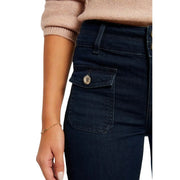Dunkelblaue Morgan Damen-Jeans aus Baumwollmischgewebe mit hohem Bund und goldfarbenem Knopf an der Vordertasche.