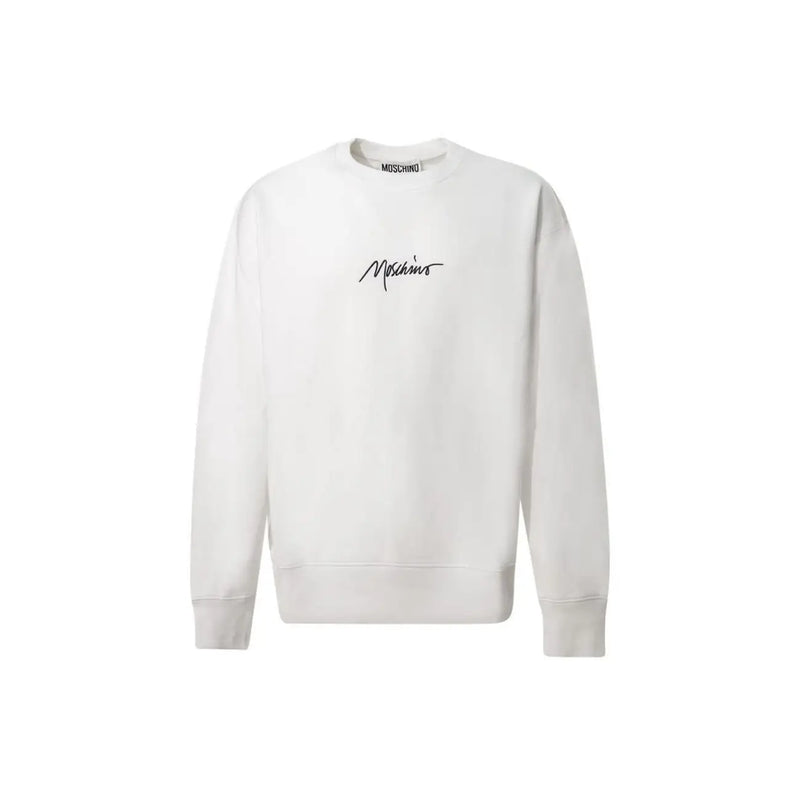 Weiß Moschino Herren-Baumwoll-Sweatshirt mit Rundhalsausschnitt und schwarzer Logostickerei auf der Vorderseite