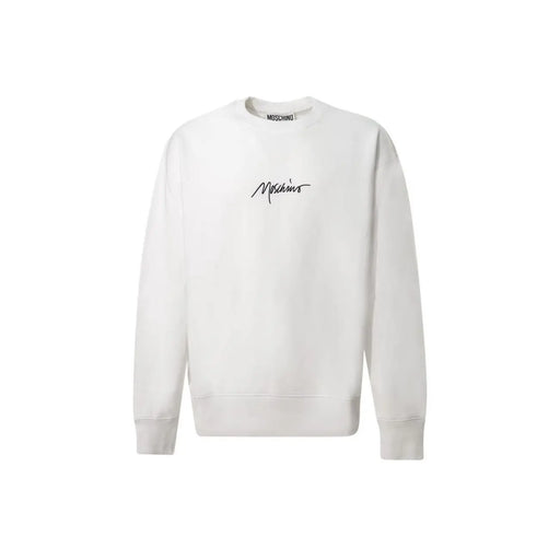 Weiß Moschino Herren-Baumwoll-Sweatshirt mit Rundhalsausschnitt und schwarzer Logostickerei auf der Vorderseite
