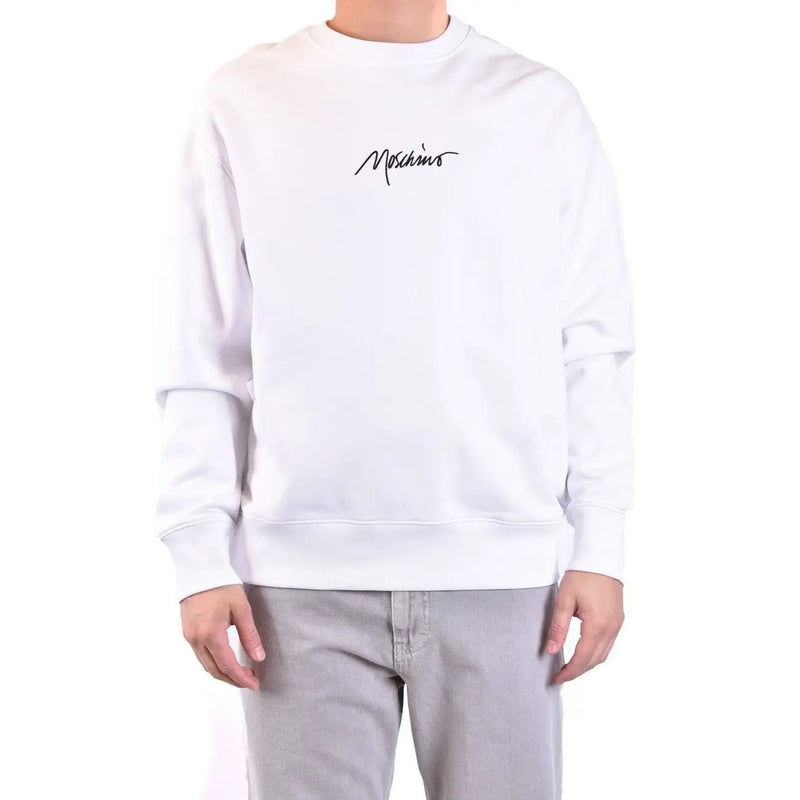Weiß Moschino Herren-Baumwoll-Sweatshirt mit schwarzem, geschwungenem Logo auf der Brust und Rundhalsausschnitt