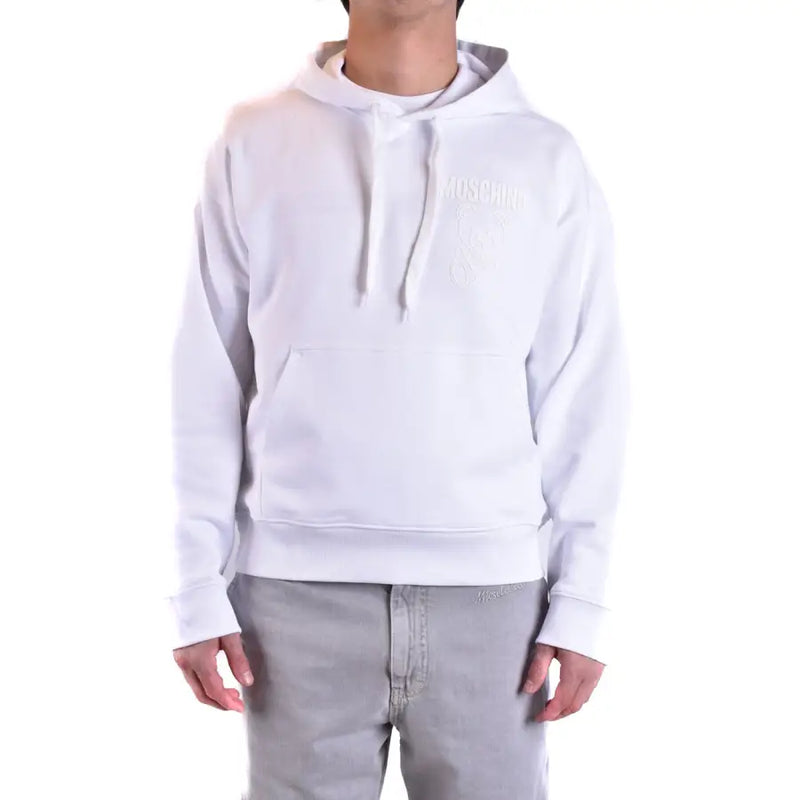 Moschino men hoodie sweatshirt in white cotton with subtle embroidered logo and matching drawstrings