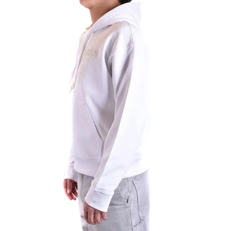 Moschino men hoodie sweatshirt in white cotton with a subtle gold embroidered logo on the chest and round neck
