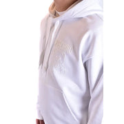 White Moschino cotton hoodie sweatshirt with round neck featuring subtle embroidered bear logo and brand name on chest