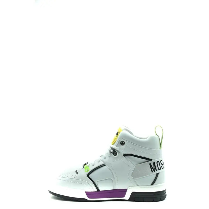 White leather Moschino men sporty slip high-top sneaker with black and purple accents and bold logo on side