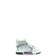 Moschino men leather sneakers white high top with black purple accents neon yellow pull tab and logo branding
