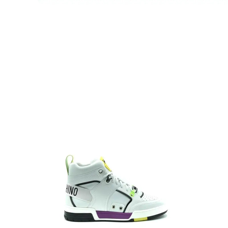 Moschino men leather sneakers white high top with black purple accents neon yellow pull tab and logo branding