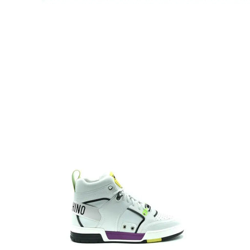 Moschino Baskets montantes blanches en cuir pour homme top avec des accents noirs et violets, une languette jaune fluo et un logo.
