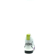Moschino men leather sneakers white sporty slip with lime green and purple accents and black logo strap