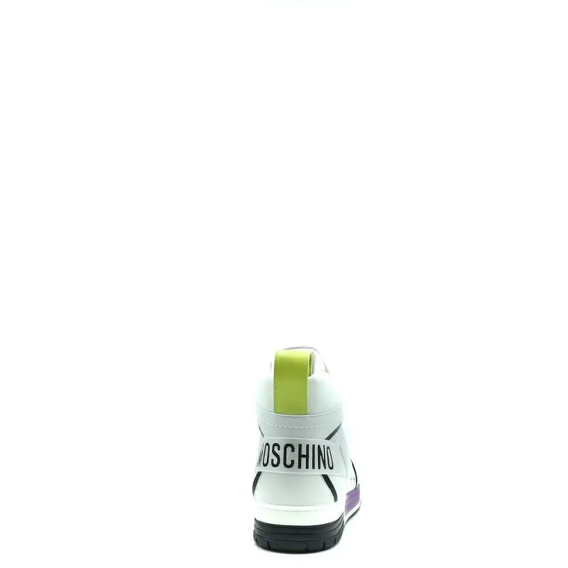 Moschino men leather sneakers white sporty slip with lime green and purple accents and black logo strap