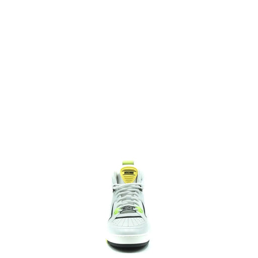 White moschino men leather high-top sneaker with neon green black accents and yellow tongue label for sporty use