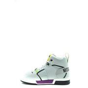 White leather Moschino men sporty slip high-top sneaker with black and purple accents and bold logo on side