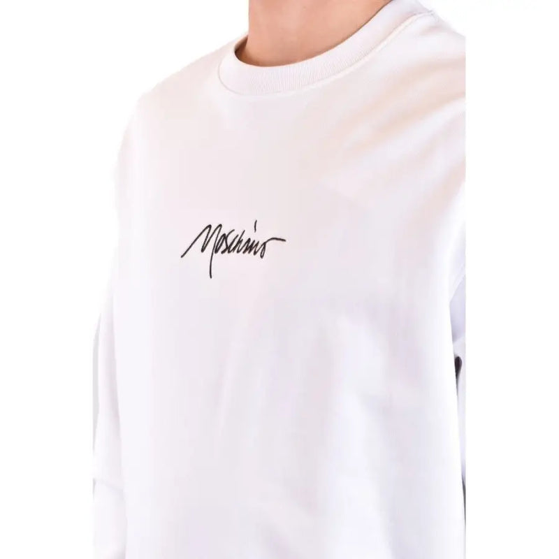 Weiß Moschino Herren-Sweatshirt mit schwarzem, gesticktem Logo auf der Brust, aus Baumwolle, mit Rundhalsausschnitt und Aufdruck