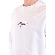 Weißes Moschino Herren-Sweatshirt mit schwarzem, gesticktem Logo auf der Brust, aus Baumwolle, mit Rundhalsausschnitt und Printdesign
