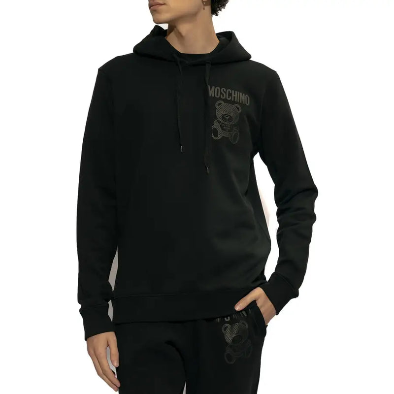 Schwarze Baumwolle Moschino Herren-Sweatshirt-Hoodie mit dezent gesticktem Bärenlogo und Markennamen auf der Brust