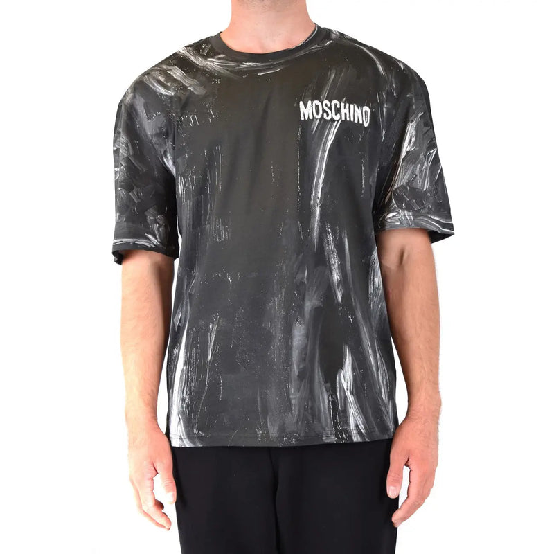 Black Moschino men t-shirt with glossy white and gray abstract brushstroke pattern, casual cotton wear